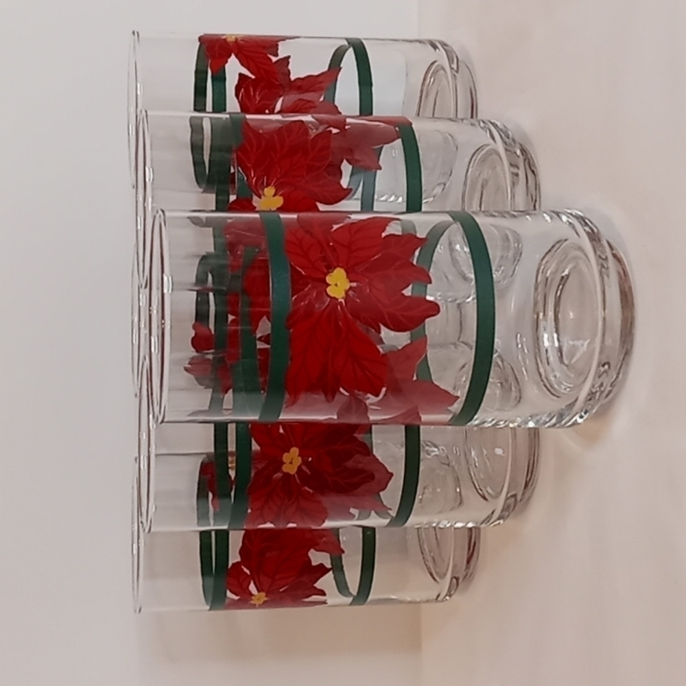 Vintage 6 Piece Set Christmas Glass Tumblers W/ Poinsettias & Double Green Strip